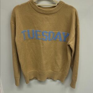 English Factory Women's Tan Sweater with Blue 'Tuesday' Design